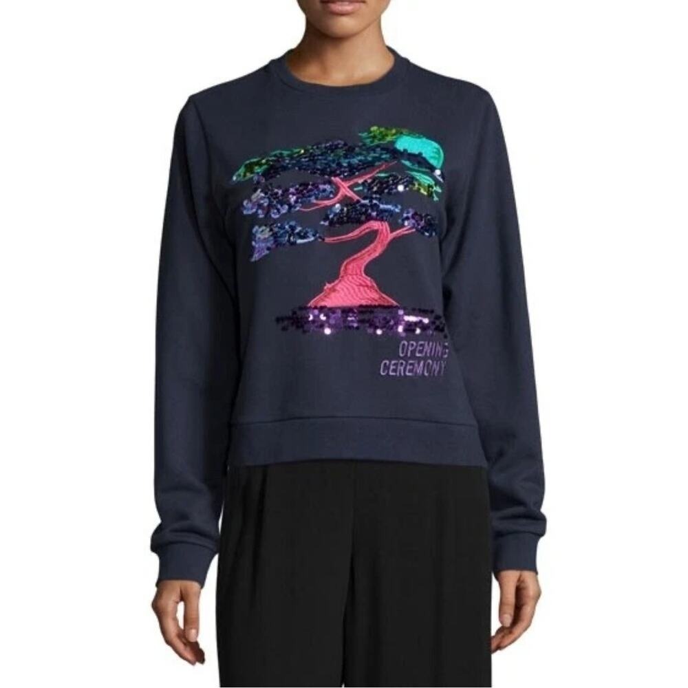 Opening Ceremony Bonsai Tree Embroidered Sequin Sweatshirt Navy Blue Small